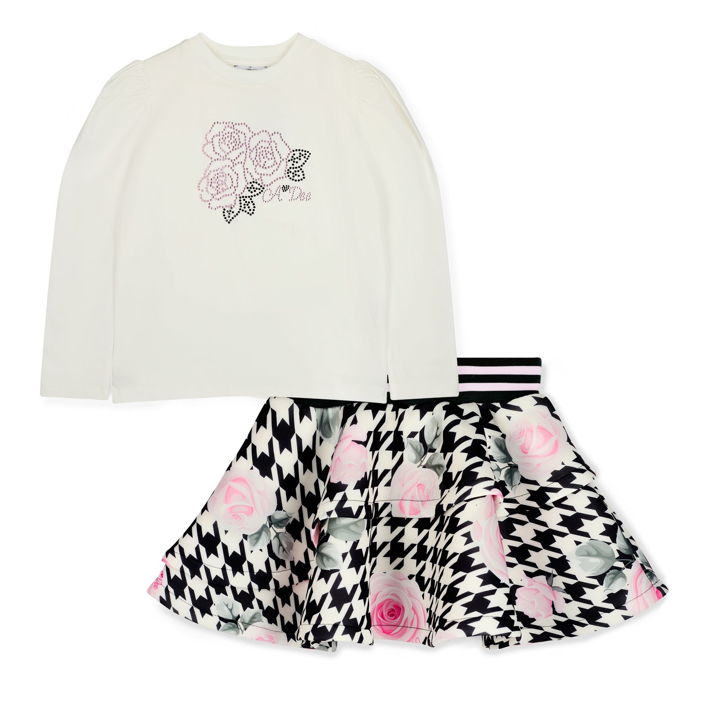 Pre Order - ADee Girls ANASTATIA White Houndstooth Print Skirt Set