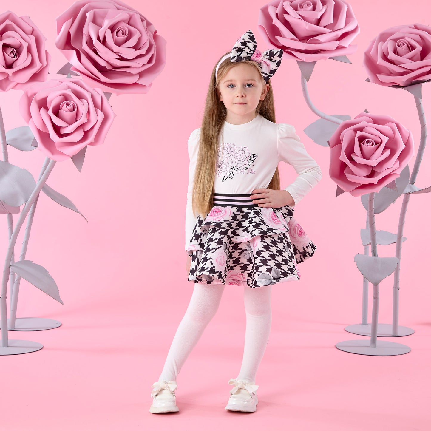Pre Order - ADee Girls ANASTATIA White Houndstooth Print Skirt Set