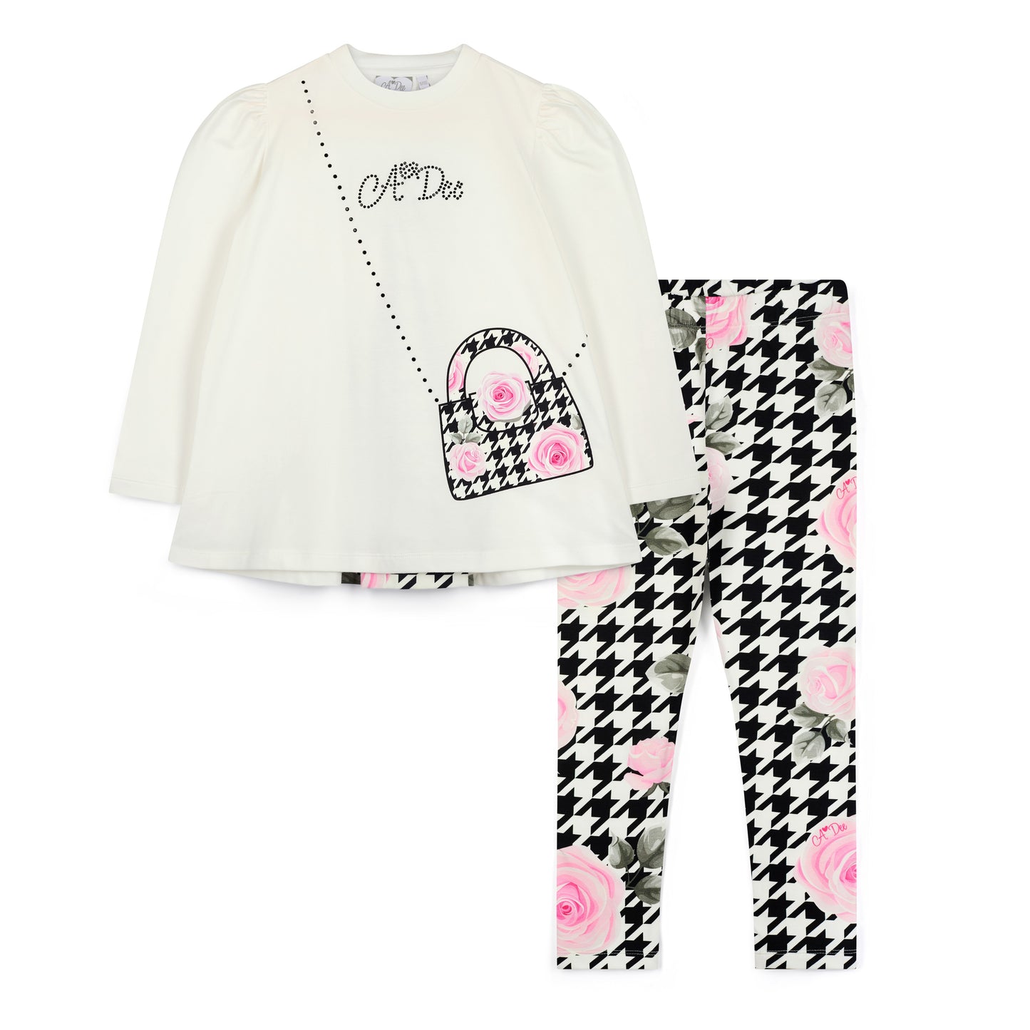 Pre Order - ADee Girls ARABELLA White Houndstooth Print Leggings Set