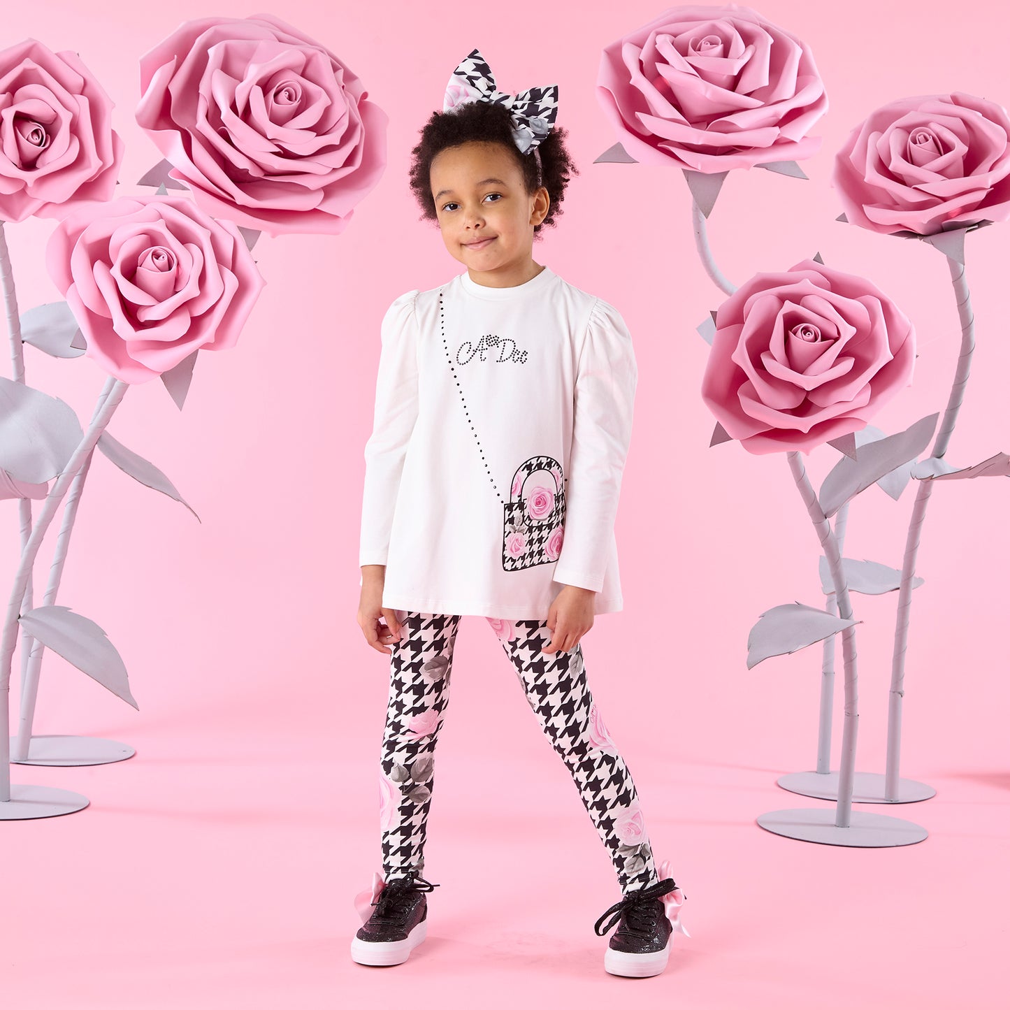 Pre Order - ADee Girls ARABELLA White Houndstooth Print Leggings Set