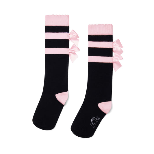 Pre Order - ADee Girls ASTRID Black Stripe Bow Knee High Socks