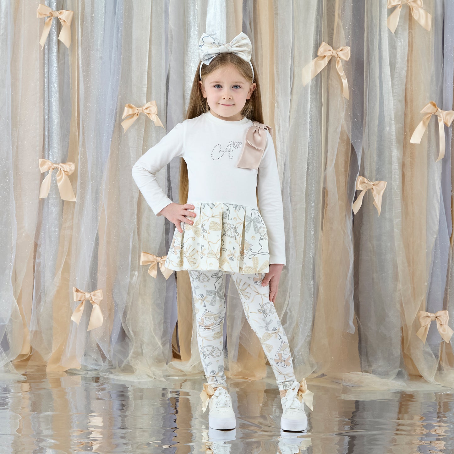 Pre Order - ADee Girls BLAKE White Bow Print Leggings Set