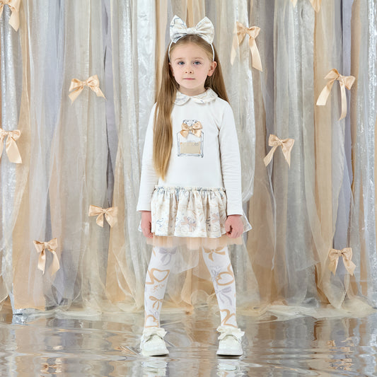 Pre Order - ADee Girls BETTY White Bow Print Dress