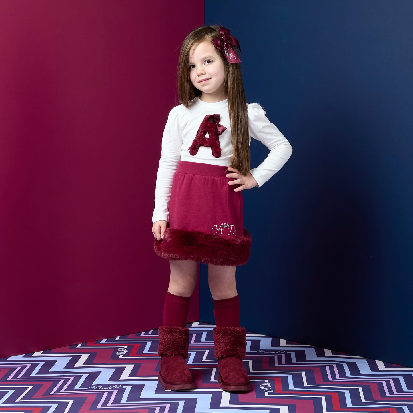 Pre Order - ADee Girls ANDREA Deep Cherry Fur Skirt Set