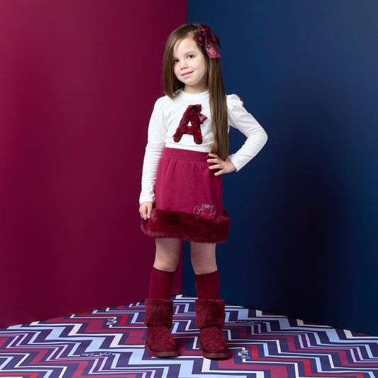 Pre Order - ADee Girls ANDREA Deep Cherry Fur Skirt Set
