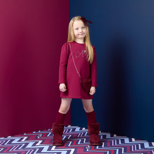 Pre Order - ADee Girls ALYSSA Deep Cherry Faux Fur Handbag Dress